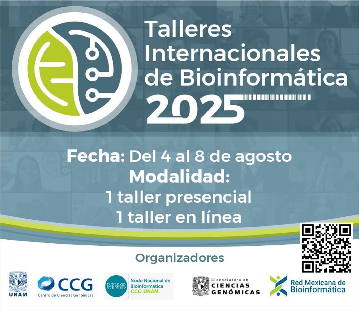nnb_unam's tweet image. ¡Últimos días de registro! #TIB2025 (4-8 ago 2025)
Talleres:
- Pangenómica y Filogenómica Microbiana 🧬 · Presencial en el @ccg_unam · Nivel intermedio
- Introducción a Python e IA 🐍· En línea · Nivel básico
Info👉 nnb.unam.mx/tib2025/
@lcgunam @RBioinformatica