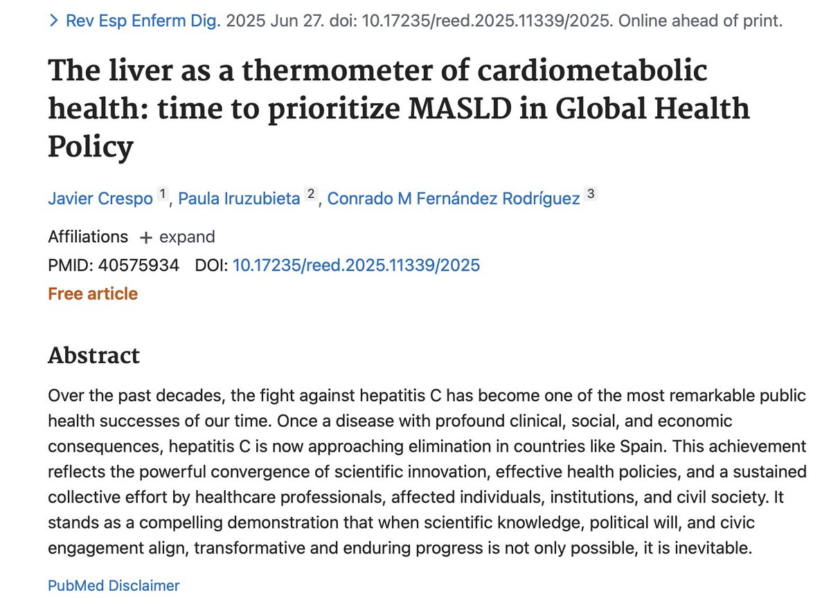 Javier Crespo (@drjaviercrespo) on Twitter photo Why do we always forget the liver?
It's surprising; in fact, I would say it's incomprehensible.
<a href="/PIruzubieta/">Paula Iruzubieta</a> <a href="/sepdigestiva/">Sociedad Española de Patología Digestiva (SEPD)</a> <a href="/AEEHLiver/">Asociación Española para el Estudio del Hígado</a>
pubmed.ncbi.nlm.nih.gov/40575934/ Why do we always forget the liver?
It's surprising; in fact, I would say it's incomprehensible.
<a href="/PIruzubieta/">Paula Iruzubieta</a> <a href="/sepdigestiva/">Sociedad Española de Patología Digestiva (SEPD)</a> <a href="/AEEHLiver/">Asociación Española para el Estudio del Hígado</a>
pubmed.ncbi.nlm.nih.gov/40575934/
