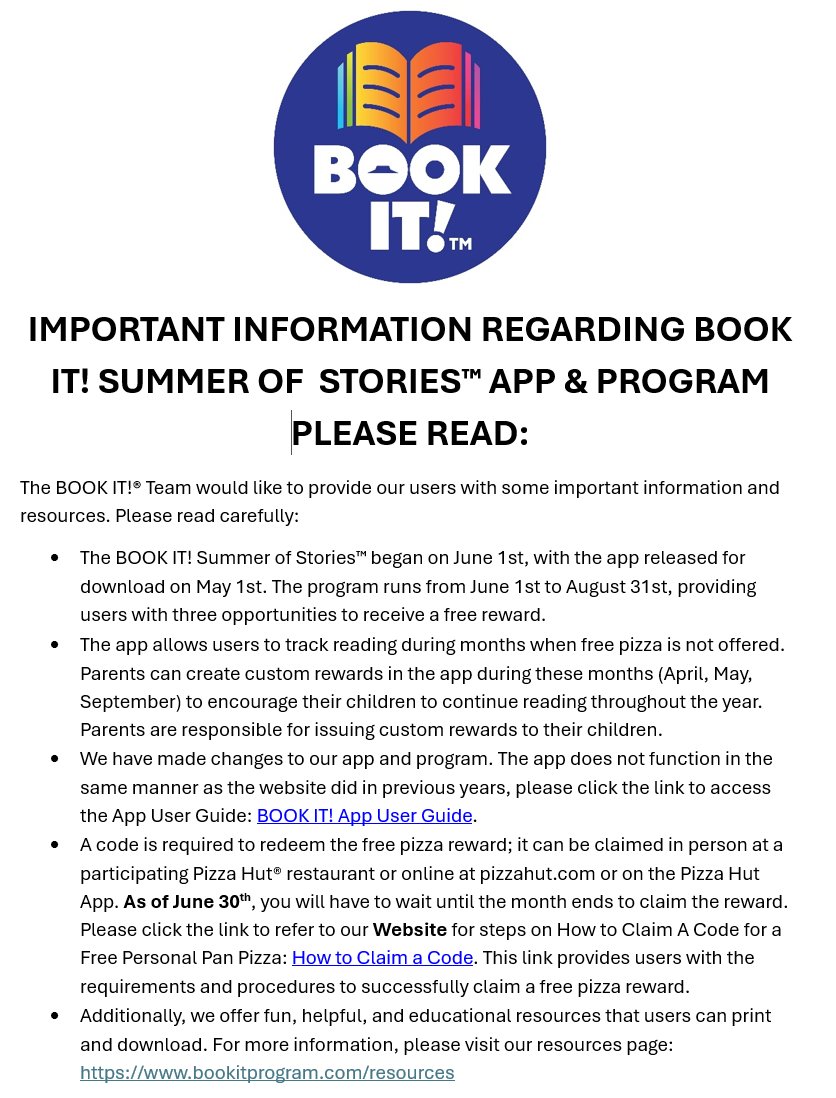 bookitprogram's tweet image. Important Information Please Read ...  Thank you for your patience and continued support of the BOOK IT! ® Program