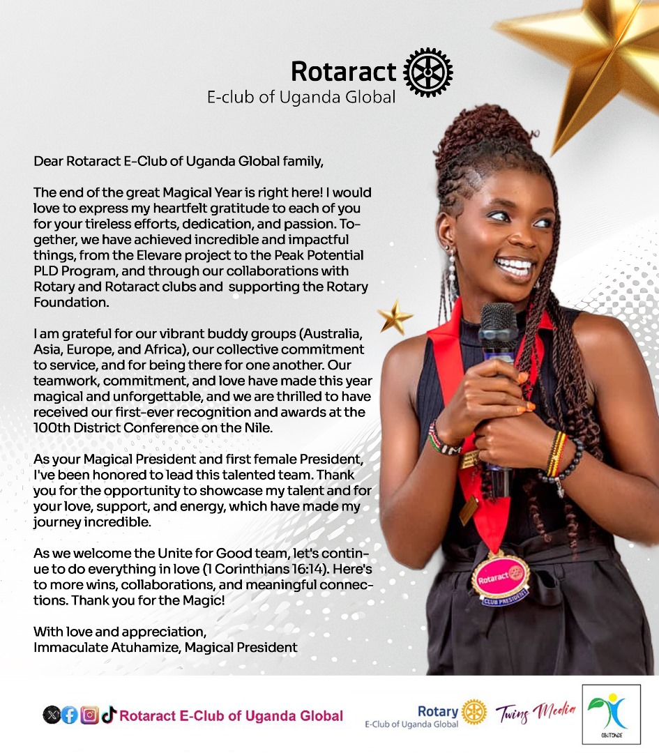 IAtuhamize's tweet photo. Its been an honor and privilege to serve as the Magical President and first female President of @rotaractEclubUg 
Forever grateful for the support and above all to the Almighty God, I wouldn't have been able to achieve any of this in my own strength!

 https://t.co/p3eb2EcAVE https://t.co/goJFsT0dni