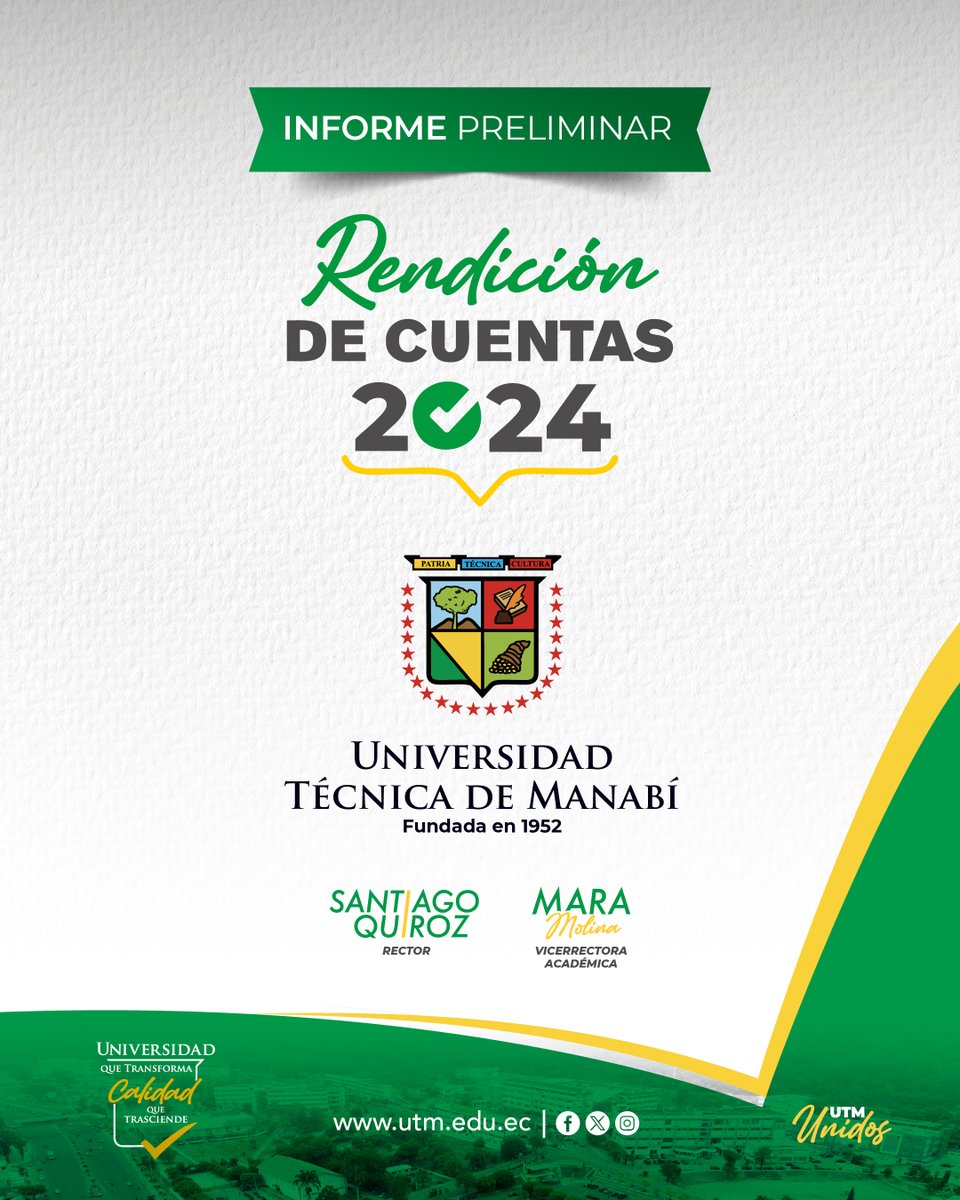 La Universidad Técnica de Manabí reafirma su compromiso con la transparencia y la participación ciudadana, y pone a disposición de la comunidad universitaria y la sociedad en general el Informe Preliminar de Rendición de Cuentas 2024.
📥 Descárgalo aquí: utm.edu.ec/images/pdf/rcu…