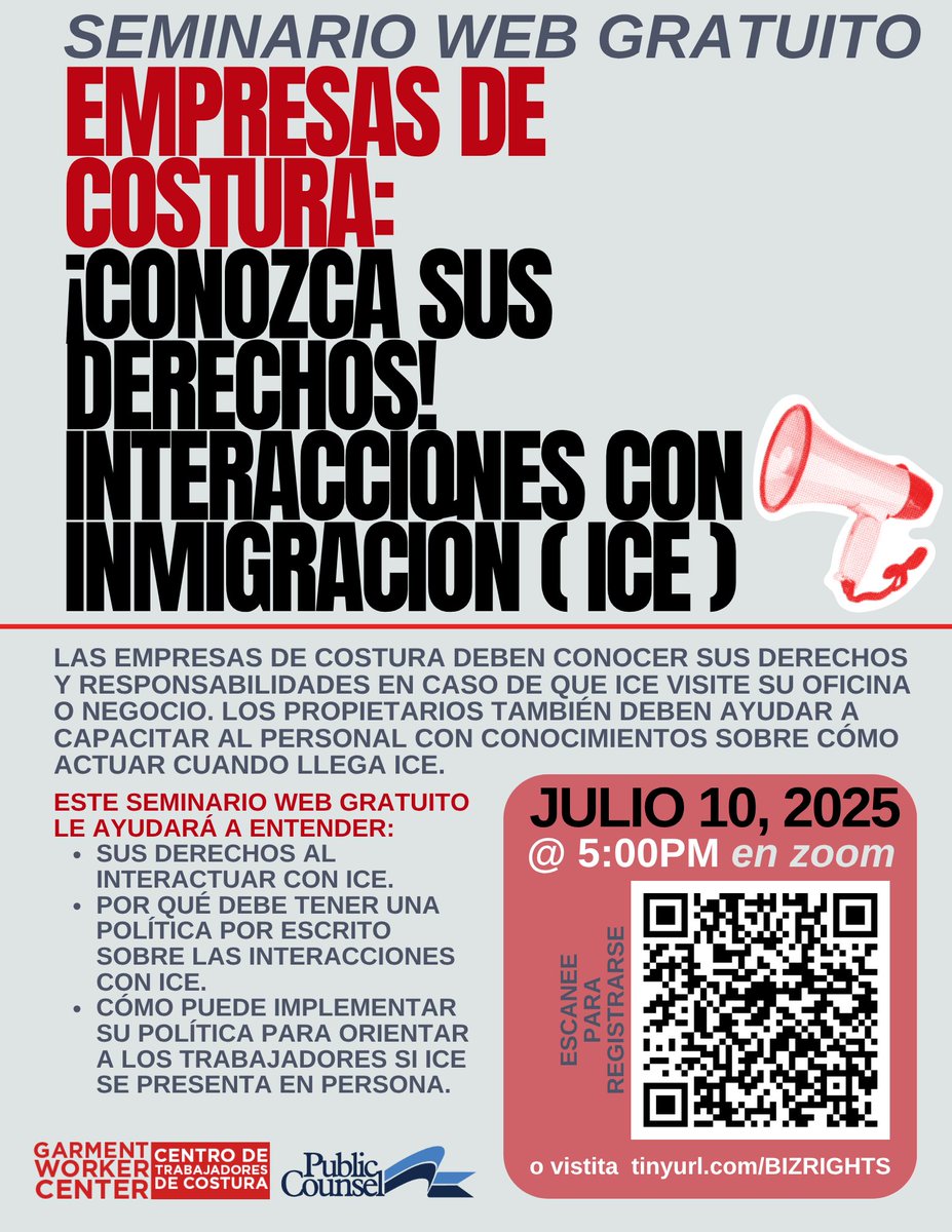 GarmentWorkerCenter (@garmentworkerla) on Twitter photo <a href="/PublicCounsel/">Public Counsel</a> El Centro de Trabajadores de la Costura, en colaboración con Public Counsel, desea invitarle a participar en un seminario web GRATUITO sobre cómo proteger su negocio al interactuar con las autoridades de inmigración.
tinyurl.com/BIZRIGHTS <a href="/PublicCounsel/">Public Counsel</a> El Centro de Trabajadores de la Costura, en colaboración con Public Counsel, desea invitarle a participar en un seminario web GRATUITO sobre cómo proteger su negocio al interactuar con las autoridades de inmigración.
tinyurl.com/BIZRIGHTS