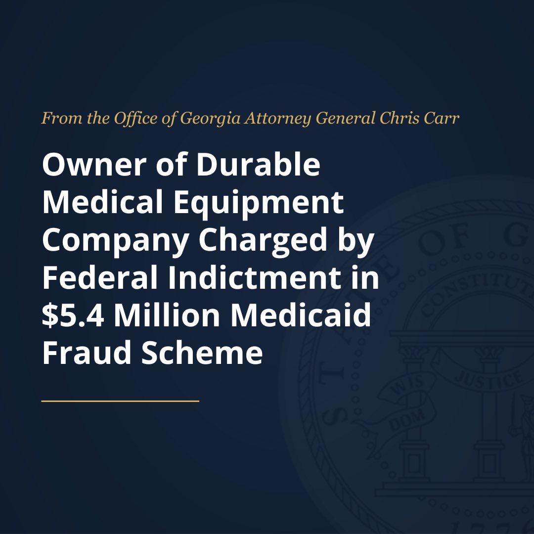Georgia_AG's tweet image. Today, as part of @TheJusticeDept’s National Health Care Fraud Takedown, we announced a new indictment involving allegations of $5.4 million in theft from Georgia’s Medicaid program.
Proud to work with @USAO_MDGA & @OIGatHHS to prosecute Medicaid fraud in our state.
More:…
