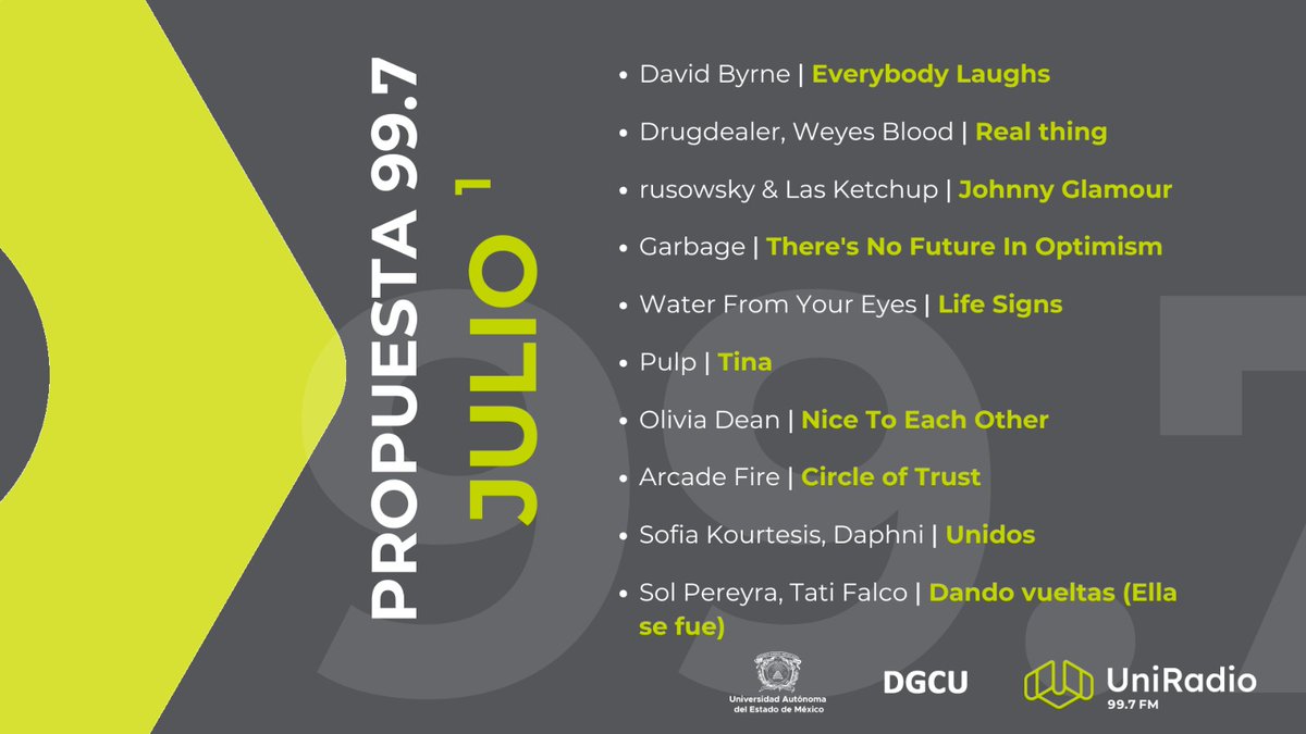 UniRadio997FM's tweet image. Te dejamos la playlist con los #EstrenosMusicales que no puedes perderte en Julio, con música de
@DavidByrne1968 , #Drugdealer, @WeyesBlood, #Pulp, #rusowsky, #LasKetchup, #SolPereyra ¡Y más!

Checa todos los estrenos aquí:
open.spotify.com/playlist/0j7Rd…

#UniRadioVaConmigo