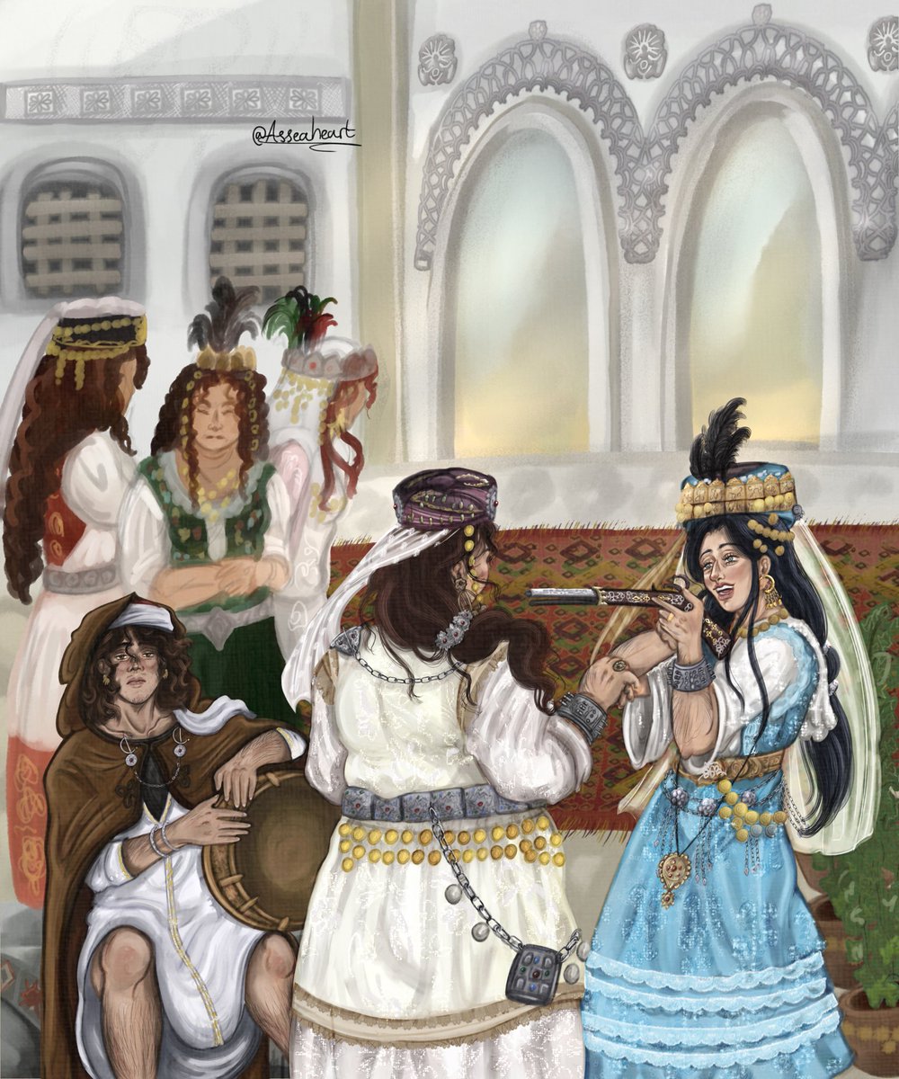 asseahe_art's tweet photo. 7th century Algeria, Djelfa✨🍊
A painting of my Ouled Naïl ocs doing a traditional dance! 🕊️
#algeria #oulednaïl #naïli #numidia #imazighen #amazighculture #berber #burnous #jabador #historicalfashion #bendir #characterillustration #musket https://t.co/UxgS3vE54M