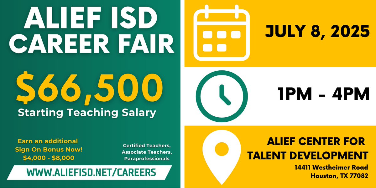 🎉 Join Us at the <a href="/AliefISD/">Alief ISD</a> Career Fair! 

We are hiring classroom teachers, interventionists, support staff and manual trades positions. 

July 8, 2025
Center for Talent Development 
1:00pm - 4:00pm

Make the Smart Choice! Come meet our team and explore current opportunities.