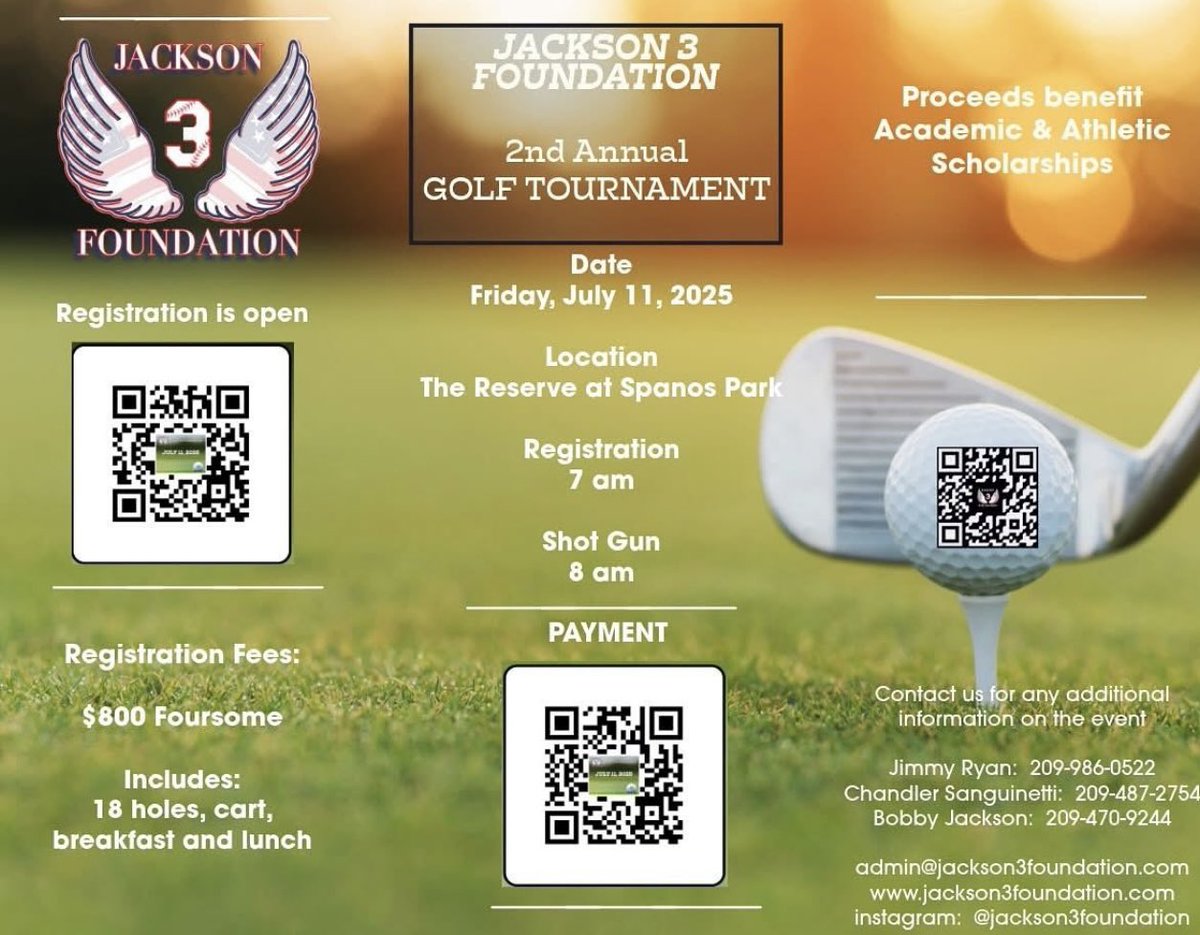 Join us for the Jackson 3 Foundation’s 2nd Annual Golf Tournament  on Friday, July 11th 2025 at The Reserve at Spanos Park. Proceeds benefit our Academic &amp; Athletic Scholarships, empowering youth through education and sports.