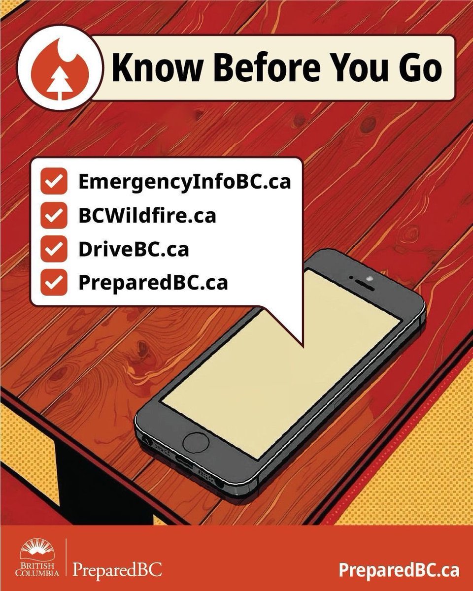jbtwickens's tweet image. Know before you go!
Travel safe this summer by looking ahead and getting important updates while on the road.
🚗 DriveBC.ca for road info
⚠️ EmergencyInfoBC.ca for emergency info
☀️ Weather.gc.ca for weather alerts
🔥 BC Wildfire Service for…