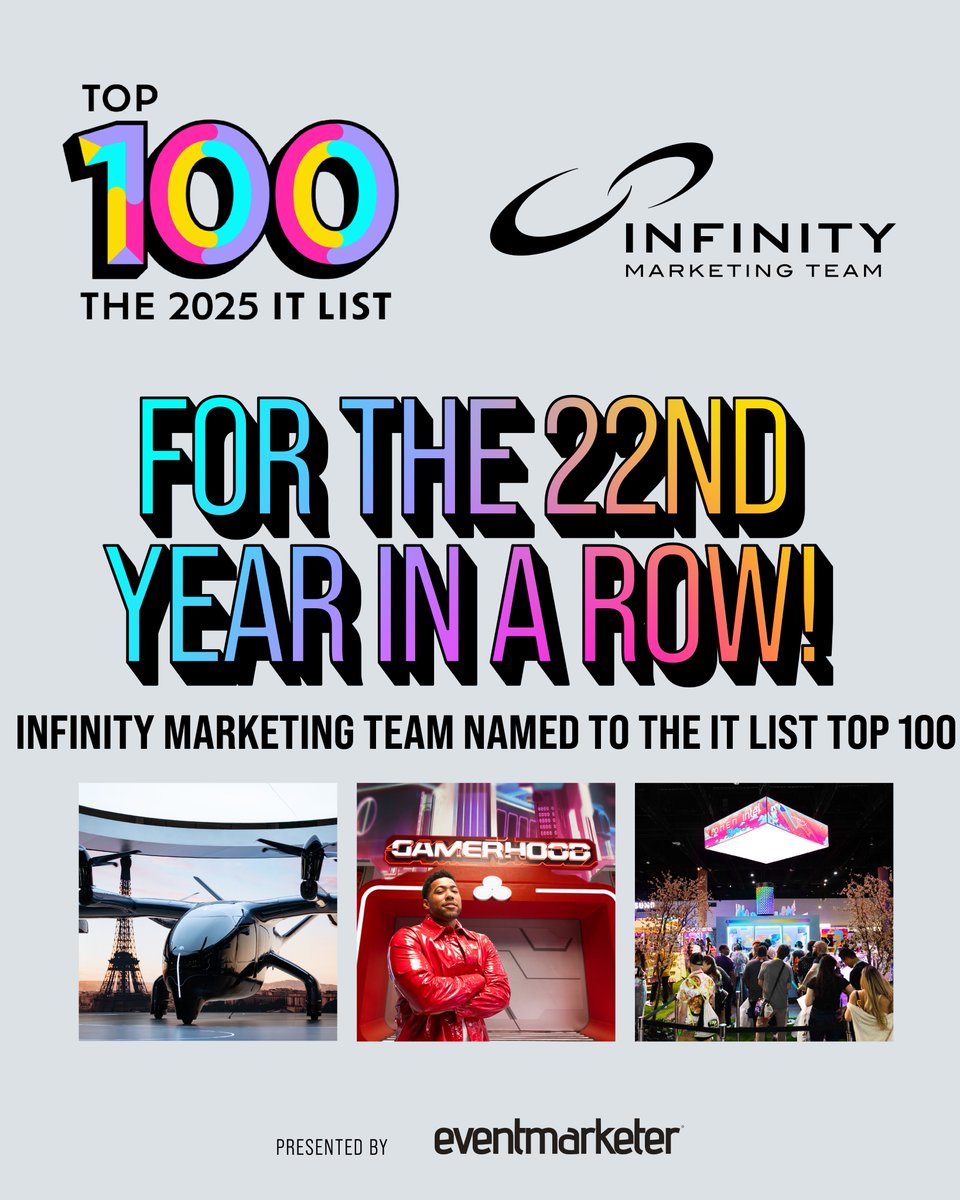 MarketInfinity's tweet image. We’re proud to share that Infinity Marketing Team has once again earned a spot on the prestigious @eventmarketer IT List — marking our 22nd consecutive year among the world’s top 100 experiential agencies!

This recognition celebrates our team’s continued passion for crafting…