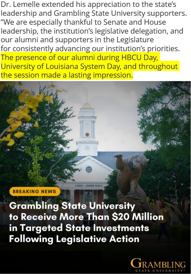 Thank you ALUMNI... 
Grambling State University to Receive More Than $20 Million in Targeted State Investments Following Legislative Action – Grambling State News
