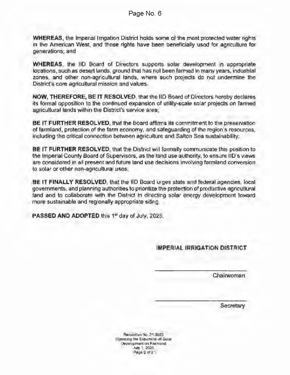 Imperial Irrigation District vote 7/1/2025 on resolution "Opposing the Expansion of Solar Development on Farmland."
iid.com/home/showpubli… Action Item 1
"displacing agricultural operations and eliminating irreplaceable arable land"