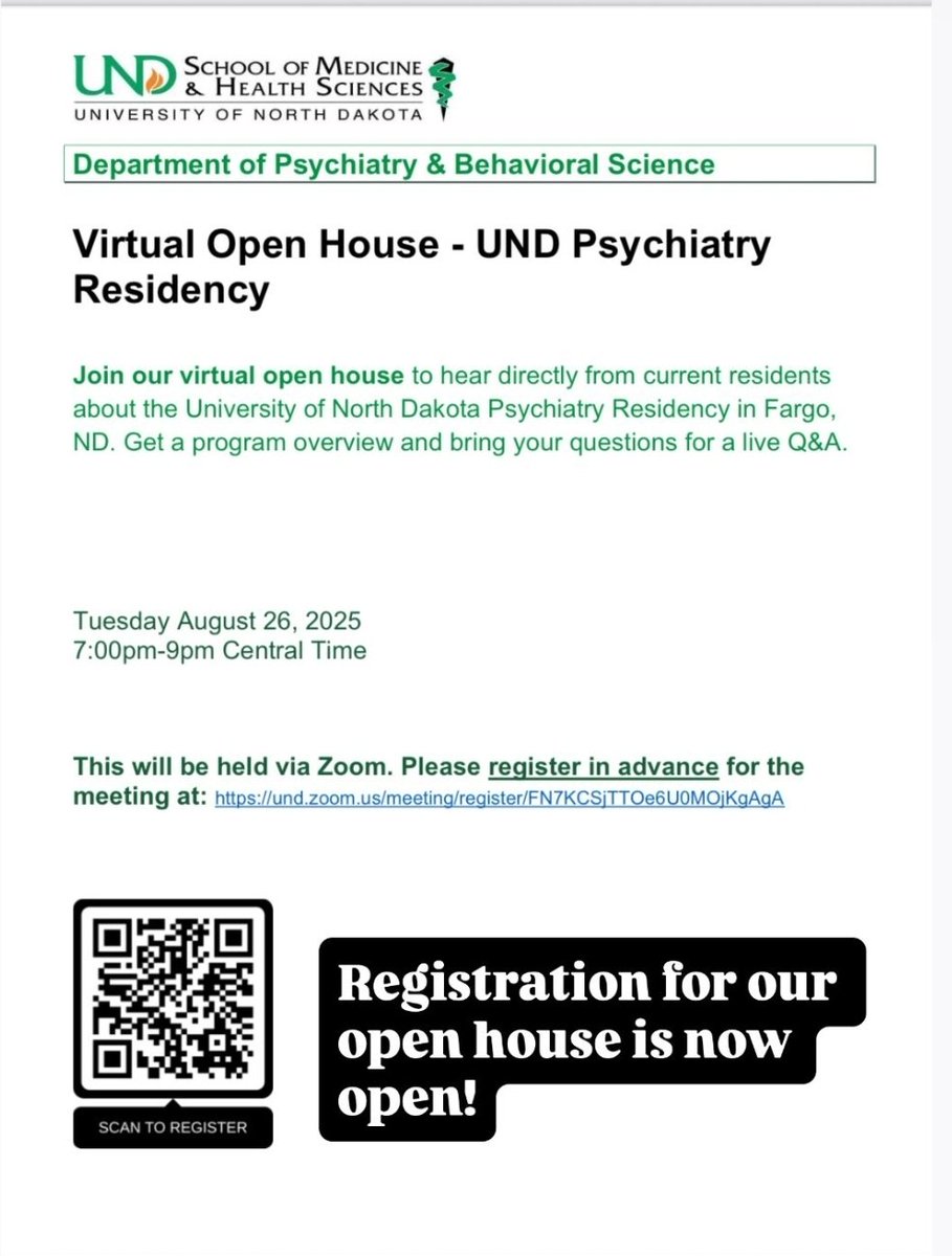 𝐏𝐬𝐲𝐜𝐡𝐢𝐚𝐭𝐫𝐲 𝐑𝐞𝐬𝐢𝐝𝐞𝐧𝐜𝐲 𝐎𝐩𝐞𝐧 𝐇𝐨𝐮𝐬𝐞:
University of North Dakota Psychiatry Residency is holding a Virtual Open House.

Tuesday August 26 📆
7-9 PM CST 🕕

#Match2025 #MedTwitter #PsychiatryResidency #USMLE