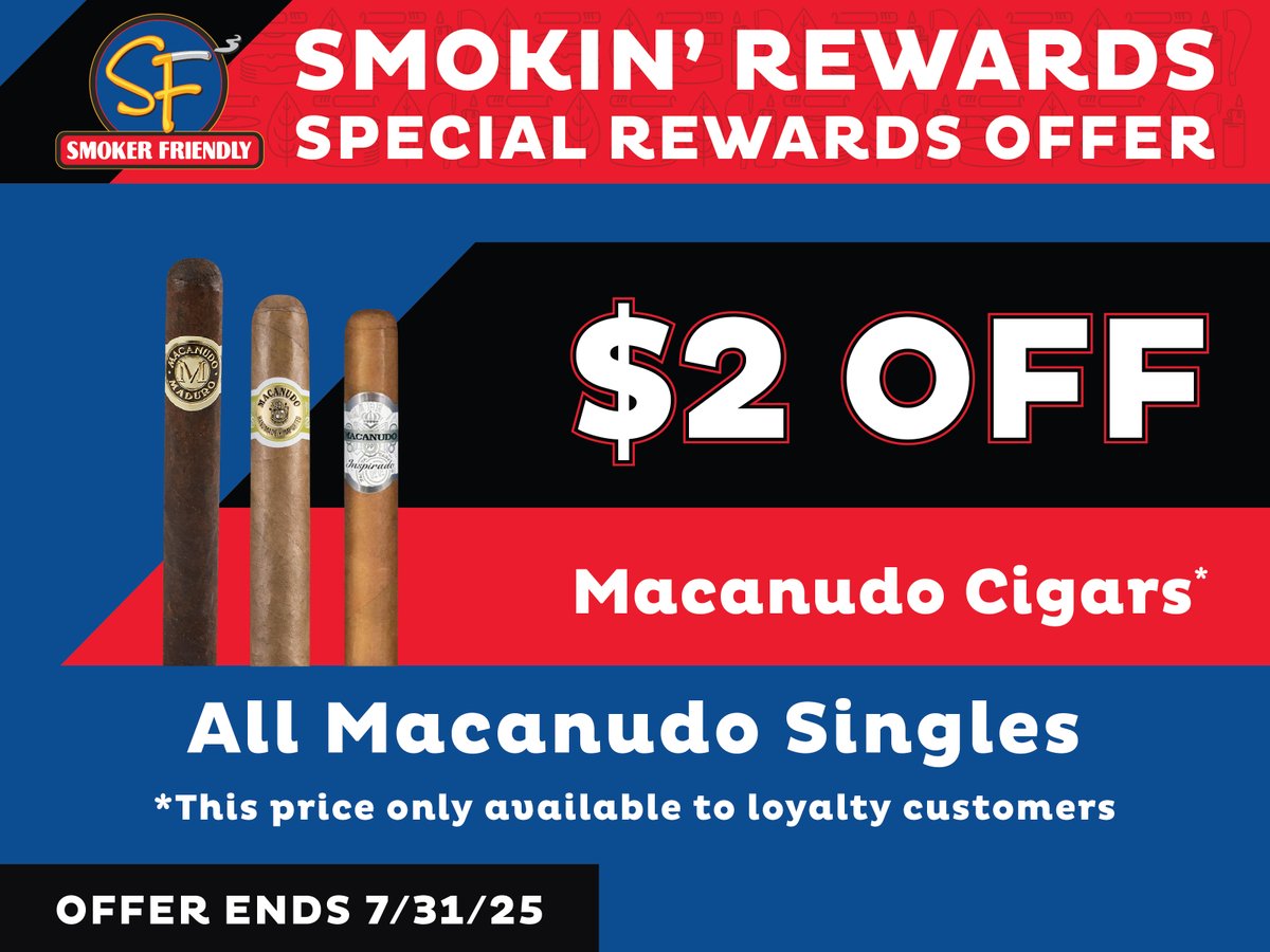 Save on Macanudo Cigars! $2 OFF All Macanudo Singles. Only at participating Smoker Friendly stores. Offer ends 7/31/25.