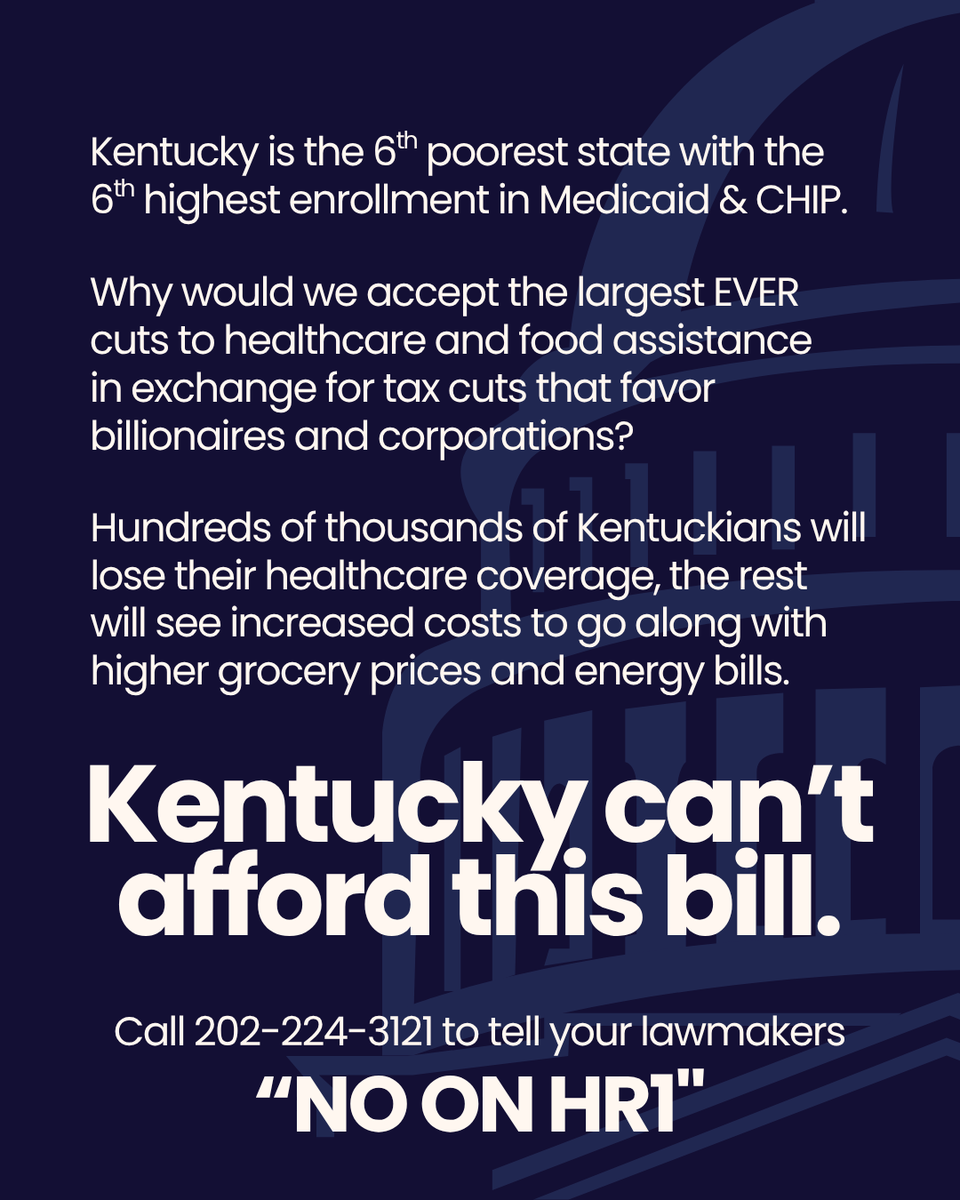 Call like your health depends on it! The Senate is rushing a bill that takes food and healthcare from millions, pushing Kentuckians deeper into poverty. Your Senators need to hear from you NOW that you oppose HR1. Don't let our lawmakers break their promises to protect Medicaid.