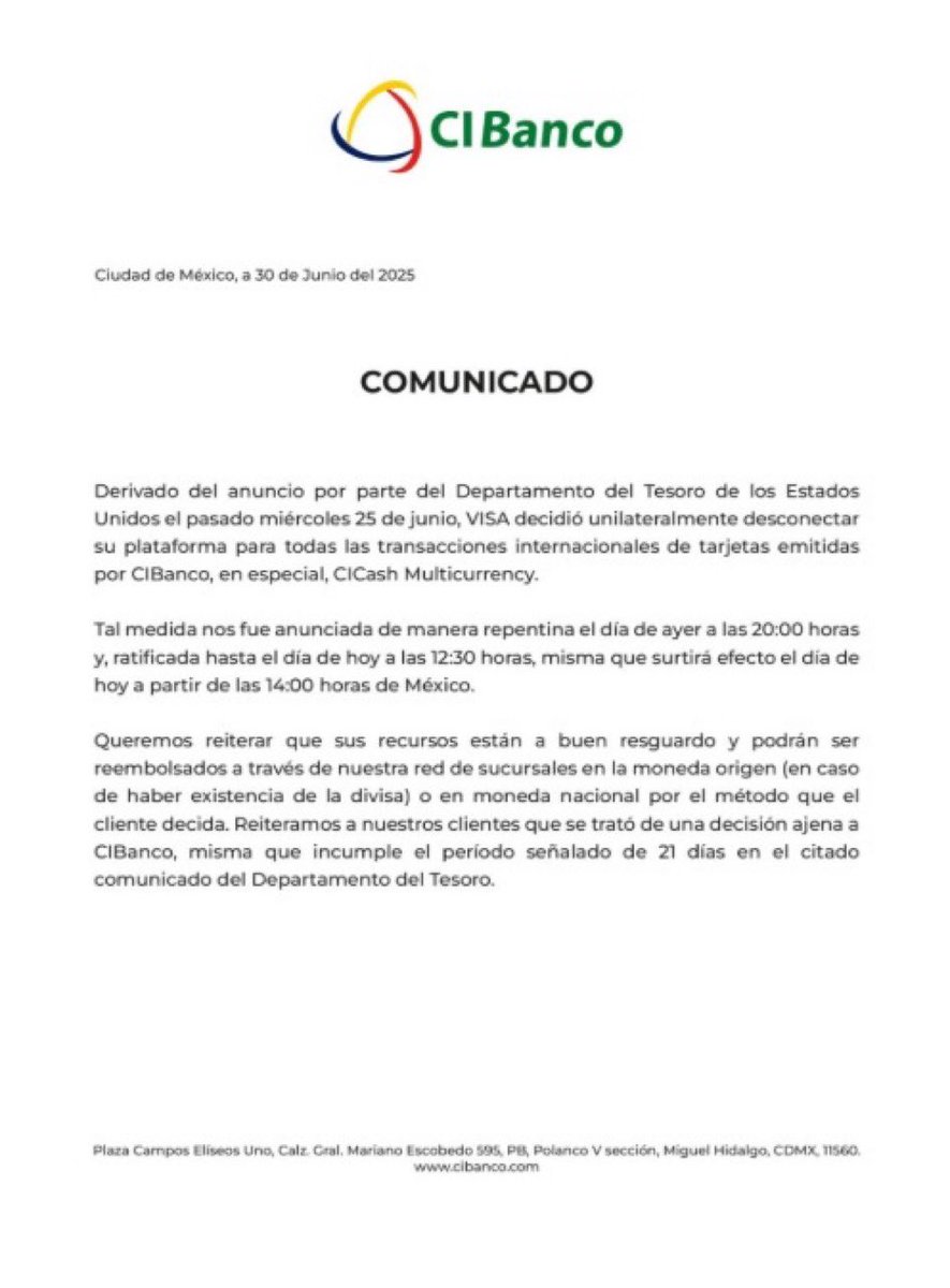 🔴 El CIBanco suspende operaciones con Visa ; usuarios de la tarjeta CICash podrían resultar afectados .