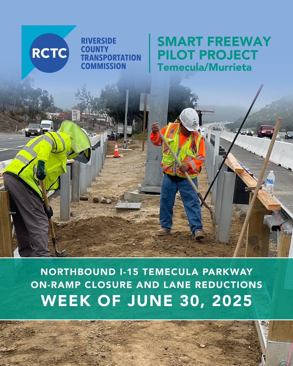 TheRCTC's tweet image. Upcoming Closures 👷🧰 Northbound I-15 lane reductions and Temecula Parkway on-ramp closures are scheduled for the week of June 30.
For more closure and detour information, please visit rctc.org/projects/smart…
.
.
#SmartFreeways #Transportation #RCTC