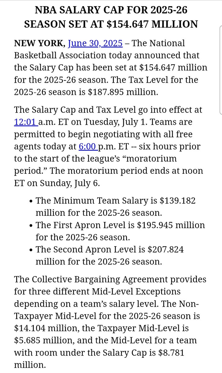 NBA salary cap breakdown for 2025-26 season.

Free agency negotiations begin in 30 minutes. #Suns