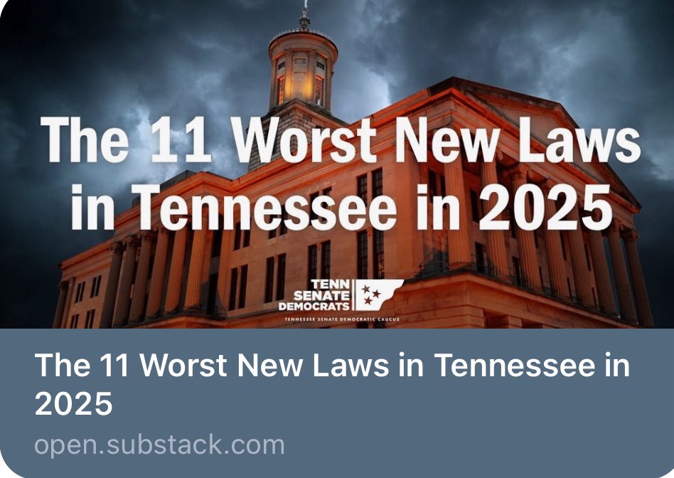 The Tennessee Holler (@thetnholler) on Twitter photo School privatization/vouchers… protecting gun manufacturers… indoctrinating our kids… predatory lending… attacking immigrants…
Some of the <a href="/TNGOP/">TNGOP</a> supermajority’s handiwork is now taking hold — <a href="/TNSenateDems/">Tennessee Senate Democrats</a> break down a few of the worst new laws: open.substack.com/pub/tnsenatede… School privatization/vouchers… protecting gun manufacturers… indoctrinating our kids… predatory lending… attacking immigrants…
Some of the <a href="/TNGOP/">TNGOP</a> supermajority’s handiwork is now taking hold — <a href="/TNSenateDems/">Tennessee Senate Democrats</a> break down a few of the worst new laws: open.substack.com/pub/tnsenatede…