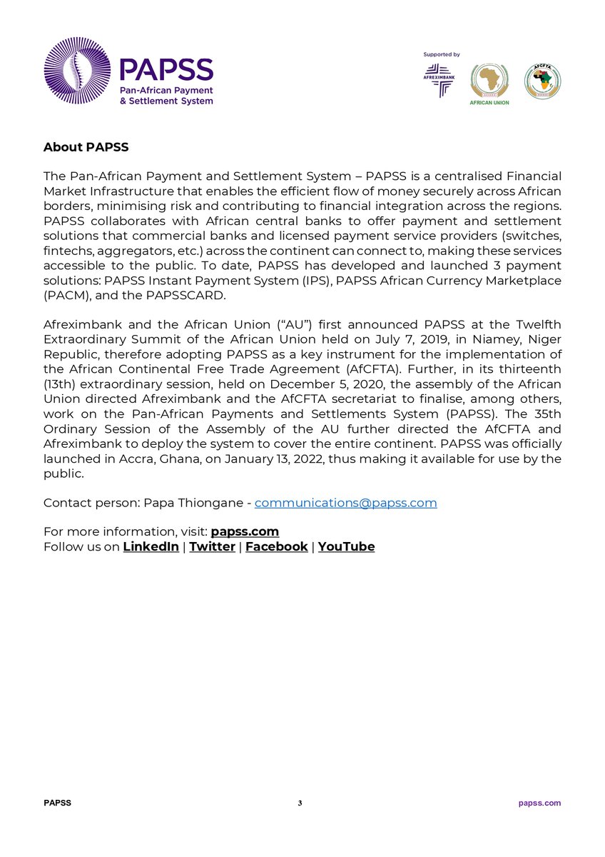 🎉 Press Release : Introducing the hashtag#PAPSSCARD — The first-ever Pan-African Card Scheme for us and by us.

🌍 A bold step toward financial sovereignty for Africa.
🔗 Read more here: lnkd.in/eiVNujiG

#PAPSSCARD #PAPSS #Afreximbank #AAM2025 #AfricaConnected