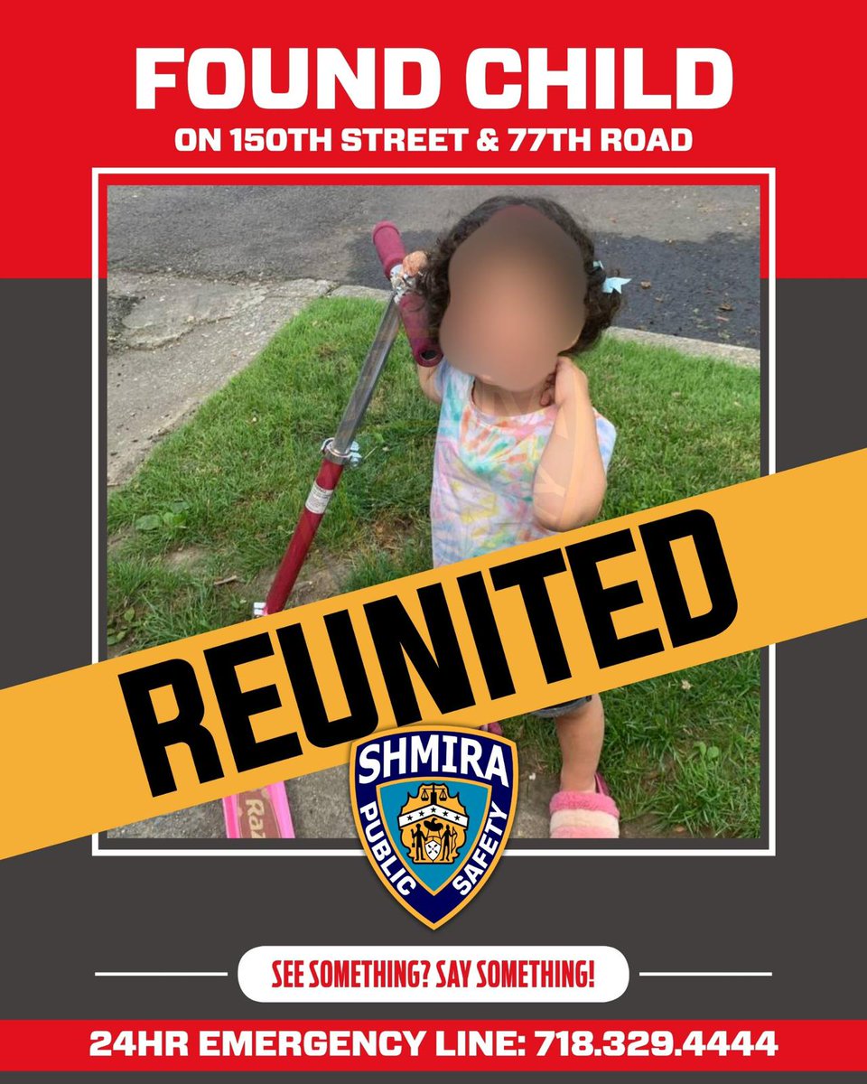 Within minutes of being notified of a child found playing alone in KGH, our members were able to locate the parents and bring the girl home. 

If you see something, say something! 
Queens Shmira Hotline 718-329-4444