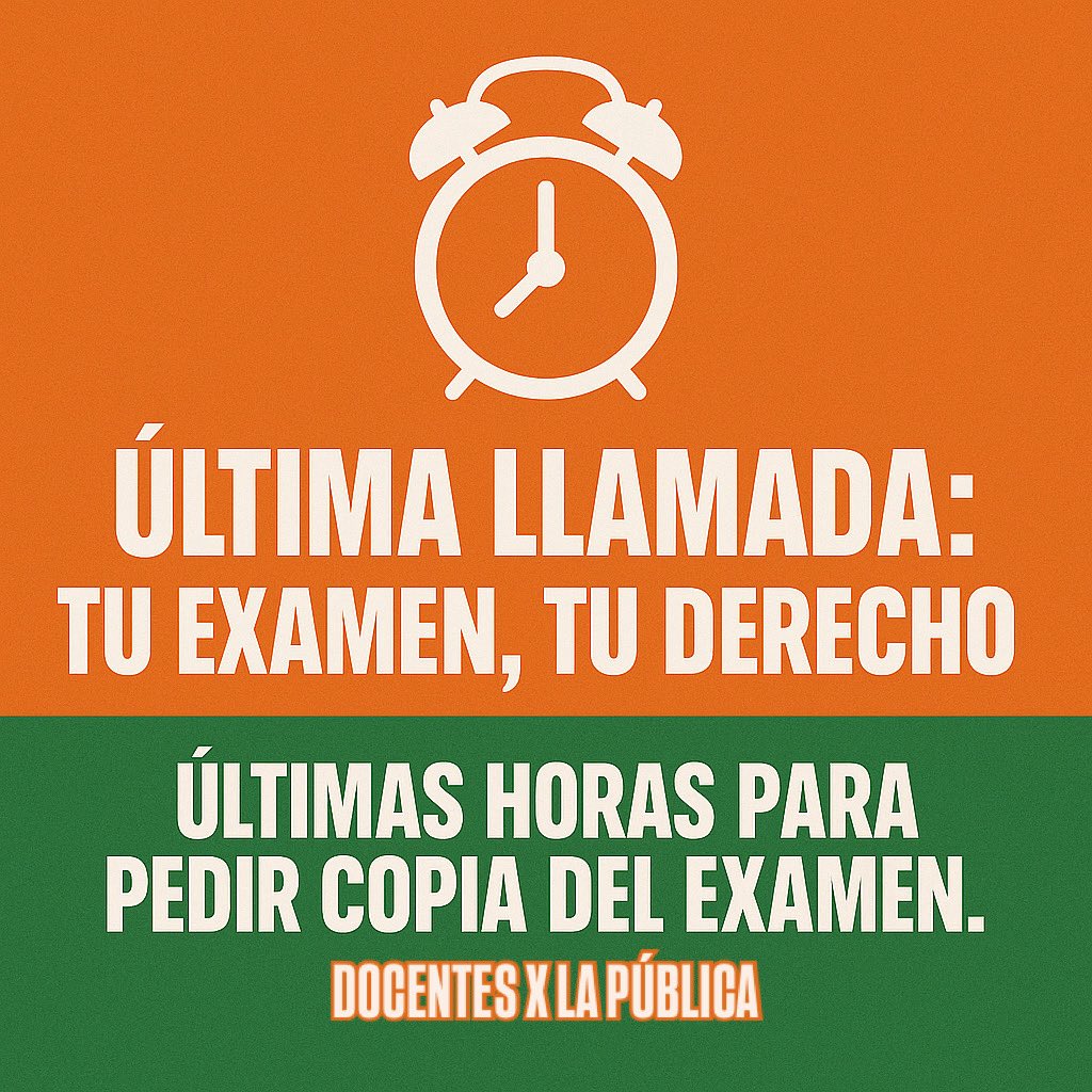 ⏰ ÚLTIMA LLAMADA: TU EXAMEN, TU DERECHO
🚨 ¡Se agota el tiempo!
👉 ÚLTIMAS HORAS para pedir copia del examen escrito y rúbrica de las #Oposiciones2025.
📌 SOLO por el Tablón del Opositor (online).
📆 Recuerda: el botón estará ACTIVO hasta esta noche. ¡Después ya será TARDE!
