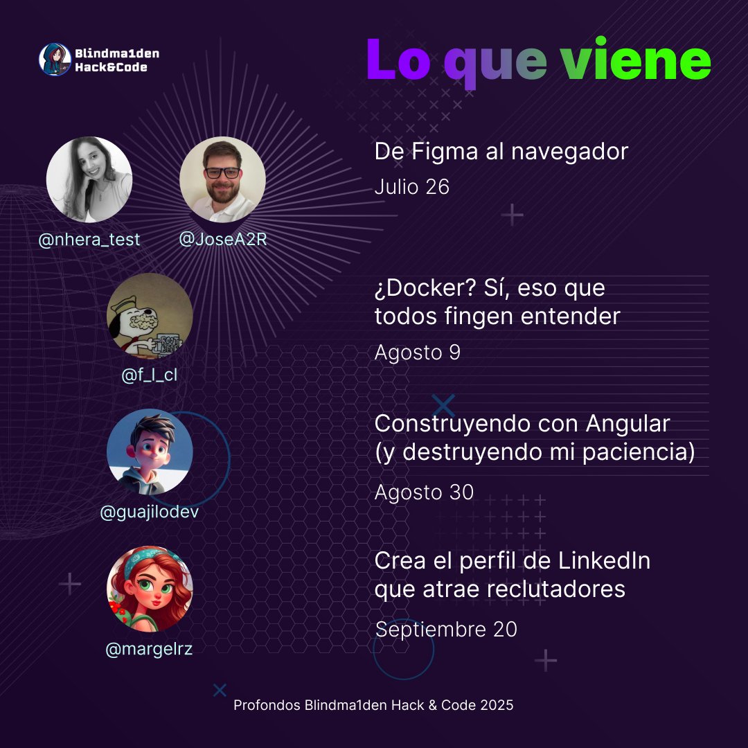 En Blindma1den Hack &amp; Code no solo creamos para los que quieren ser pentester.

Aquí tienes más talleres que te ayudarán a potenciar tus habilidades.

Lo que se viene...
#ciberseguridad #developers