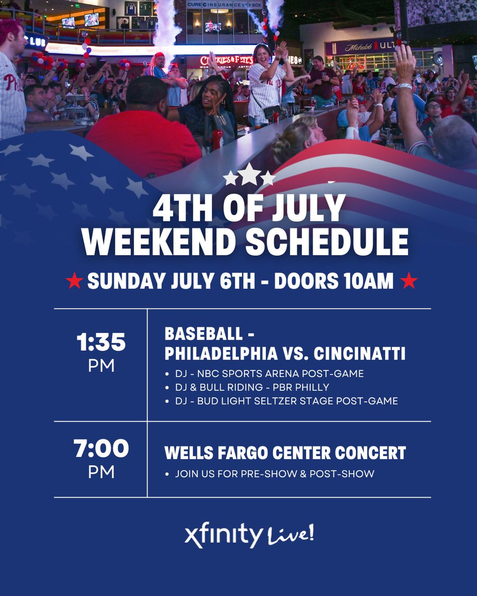 Celebrate 4th of July weekend at Xfinity Live! 🇺🇸🎆🍻 Free entry all weekend. bit.ly/3xFMf3c
-
21+ begins after 8pm. Anyone under 21 for pre-show must be accompanied by a parent or guardian over the age of 25.