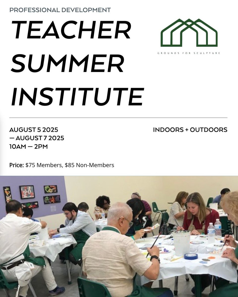 groundsforsculpture.org/events/teacher…⁠
⁠
Grounds For Sculpture @groundsforsculpture⁠
August 5 2025 - August 7 2025⁠
10AM — 2PM⁠
INDOORS + OUTDOORS⁠
Price: $75 Members, $85 Non-Members⁠
Three tables of people working on a craft in an art studio.⁠
⁠
#GroundsForSculpture