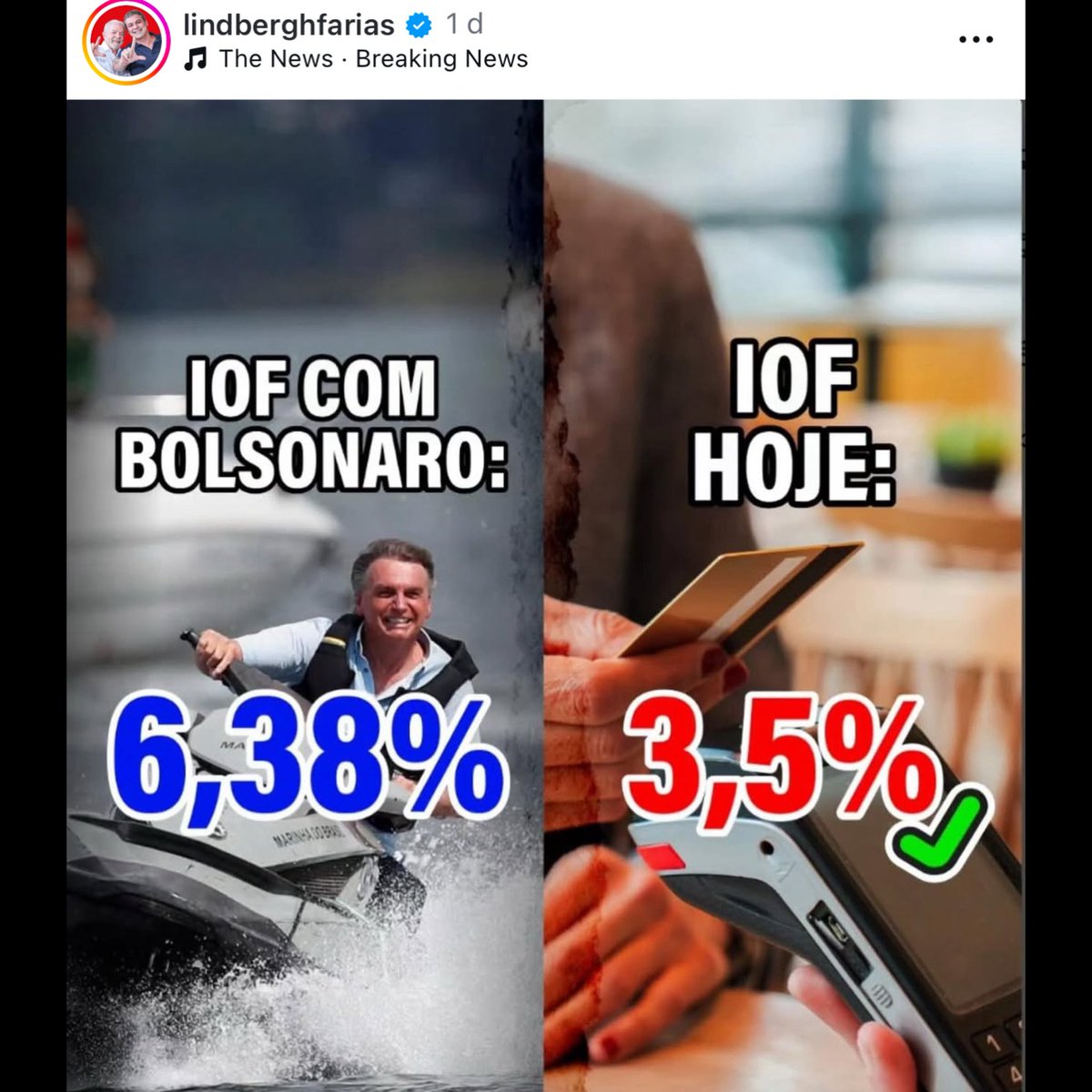 O fim do IOF estava a caminho. Lula tenta impedir e sua facção pratica fakenews todos os dias sem a menor preocupação ou resistência daqueles que se julgam pais da democracia.

Em janeiro de 2024, entrou em vigor um decreto do governo Jair Bolsonaro que deu início à redução