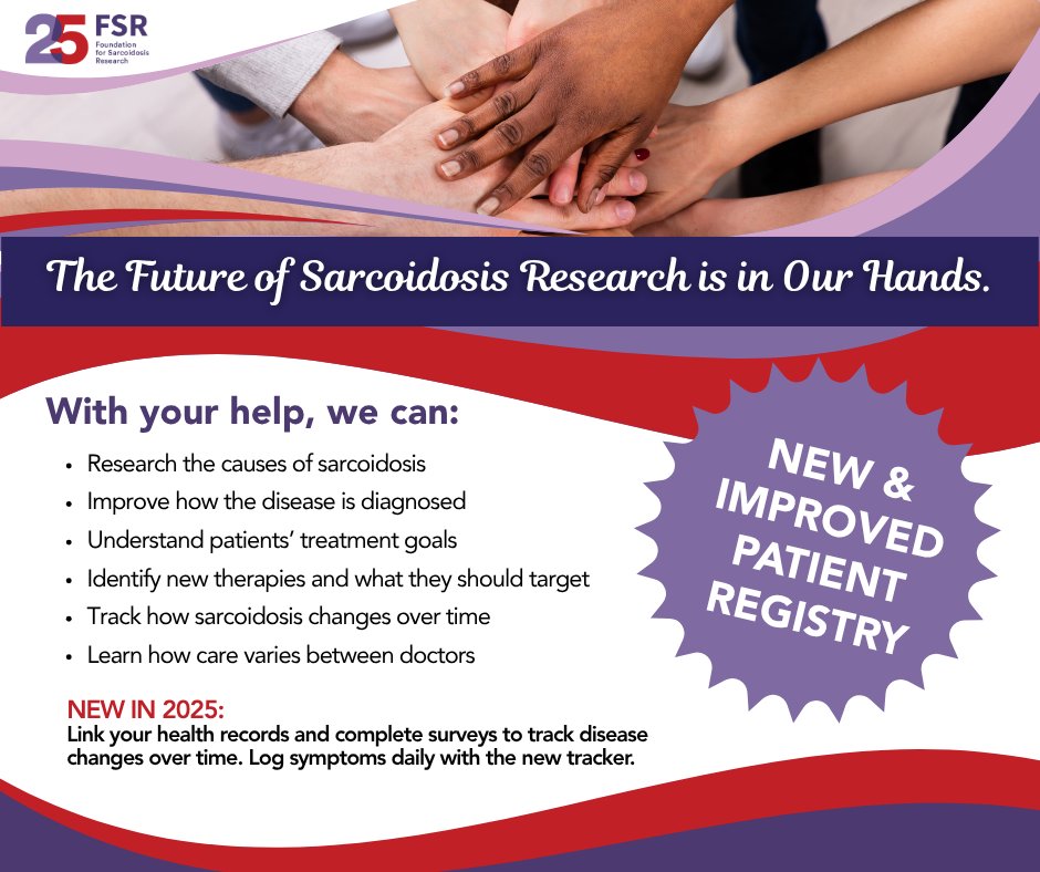FSR (@stopsarcoidosis) on Twitter photo 🚨 Big news! The FSR-SARC Patient Registry has a new home — easier login, better features, and more power for sarcoidosis research! 💪
📝 Enroll or update now: loom.ly/rOEc9zQ
📧 registry@stopsarcoidosis.org
#Sarcoidosis #FSRSARCRegistry #StopSarcoidosis 🚨 Big news! The FSR-SARC Patient Registry has a new home — easier login, better features, and more power for sarcoidosis research! 💪
📝 Enroll or update now: loom.ly/rOEc9zQ
📧 registry@stopsarcoidosis.org
#Sarcoidosis #FSRSARCRegistry #StopSarcoidosis