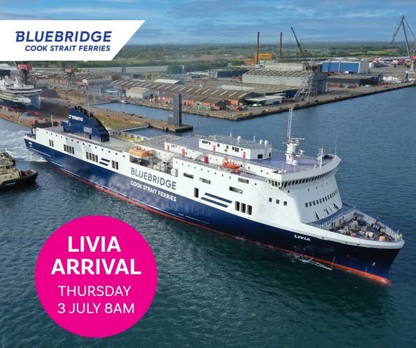 NZTransitBuzz's tweet photo. #FerryNews: Bluebridge has confirmed their new ferry Livia is scheduled to arrive in Wellington at approximately 8:00 am on Thursday, 3 July.

Bluebridge will also be holding a welcoming event at Oriental Parade Beach between 8 - 9 am with free coffee and chocolate fish. https://t.co/Cj3YAOdftK