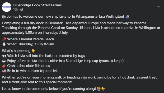 NZTransitBuzz's tweet photo. #FerryNews: Bluebridge has confirmed their new ferry Livia is scheduled to arrive in Wellington at approximately 8:00 am on Thursday, 3 July.

Bluebridge will also be holding a welcoming event at Oriental Parade Beach between 8 - 9 am with free coffee and chocolate fish. https://t.co/Cj3YAOdftK
