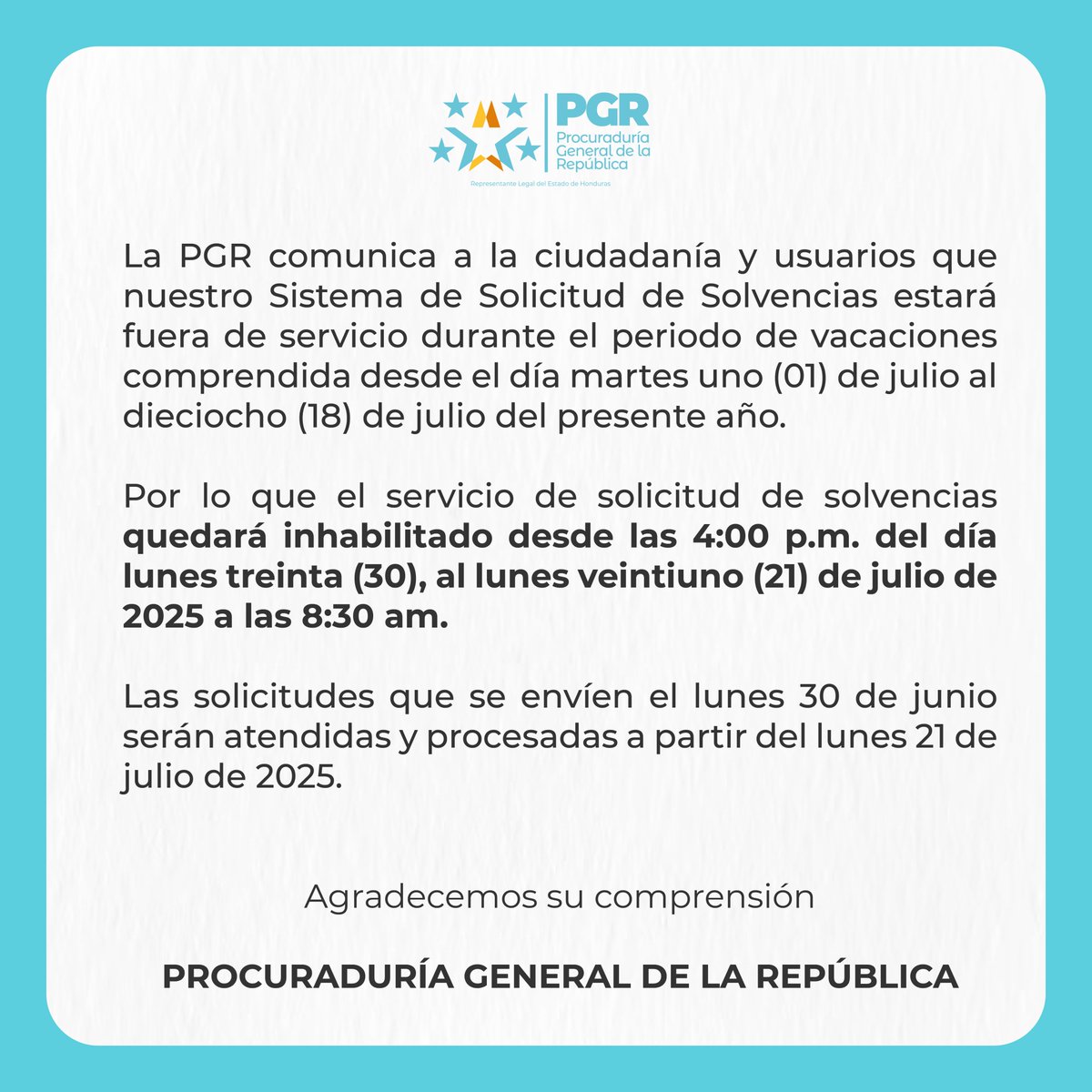 📣 La Procuraduría General de la República  (PGR) informa a la población lo siguiente: