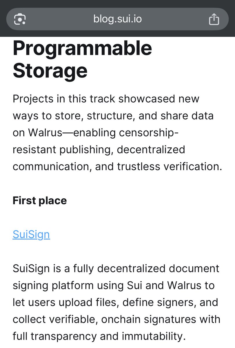 abhiii_aj's tweet photo. Just won 1st place in Programmable Storage at Sui Overflow 2025!  Built @SuixSign solo — fully decentralized doc signing on Sui + Walrus. 
Still can’t believe it! 🏆✨ 

#SuiOverflow25 #Sui #Web3 #Hackathon https://t.co/k5d9SLSqsB
