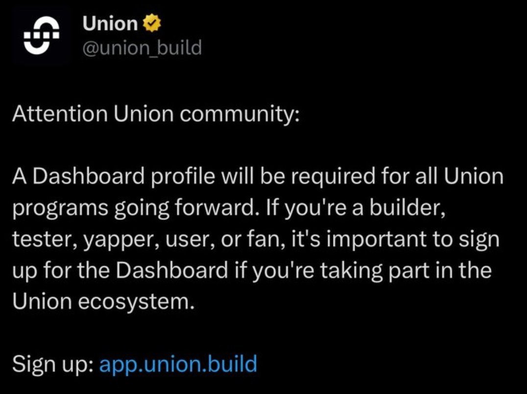 ..<a href="/union_build/">Union</a> take note of this, if you’re yapping without having a dashboard on union testnet, you’re basically not doing the right thing, so to avoid story that touches;

Goto: app.union.build 
Connect your X,GitHub and discord to create your dashboard.

Good luck 🍀