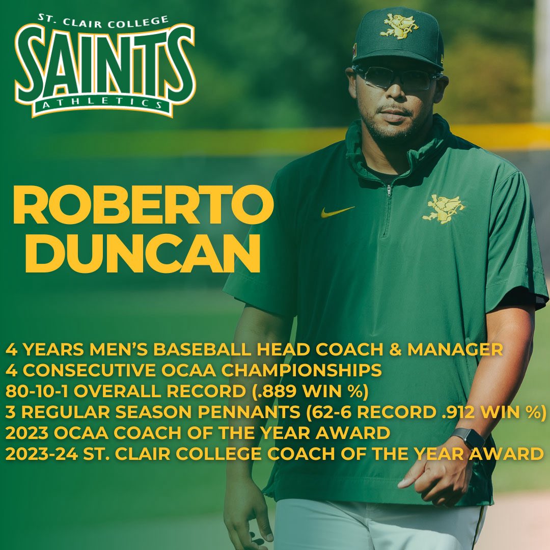 Saints Athletics (@stclairsaints1) on Twitter photo Farewell to highly successful <a href="/stclairsaints1/">Saints Athletics</a> Men’s Baseball Head Coach Roberto Duncan who stepped down today. Thank you for the winning memories. saintsathletics.ca/sports/bsb/202… Farewell to highly successful <a href="/stclairsaints1/">Saints Athletics</a> Men’s Baseball Head Coach Roberto Duncan who stepped down today. Thank you for the winning memories. saintsathletics.ca/sports/bsb/202…