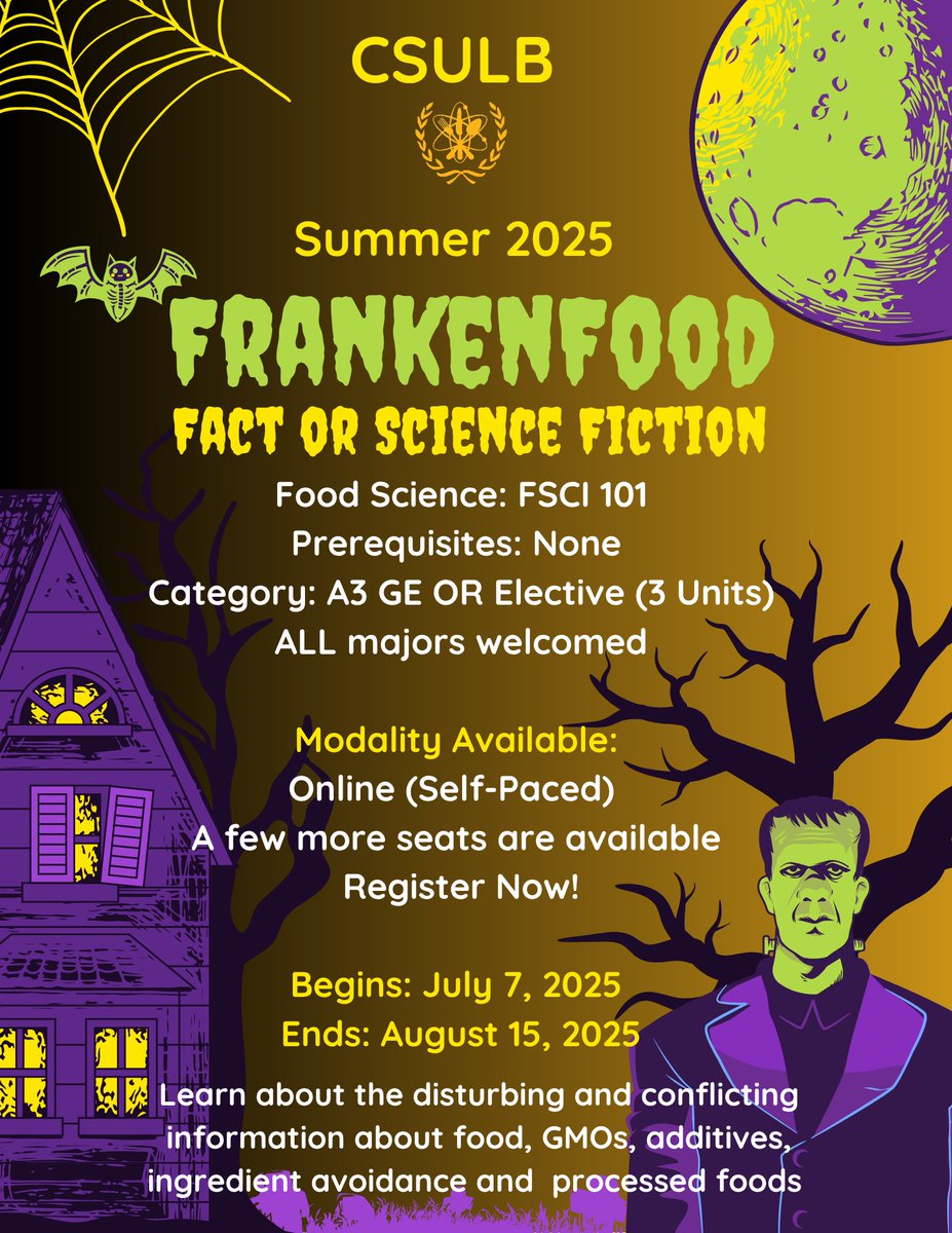 FSCI 101 addresses how the USA population is constantly bombarded with conflicting, as well disturbing, information about health claims, ingredient avoidance, processed food, food additives or genetically modified food. Enroll today! 👻
#csulb #SummerSessions #GoBeach