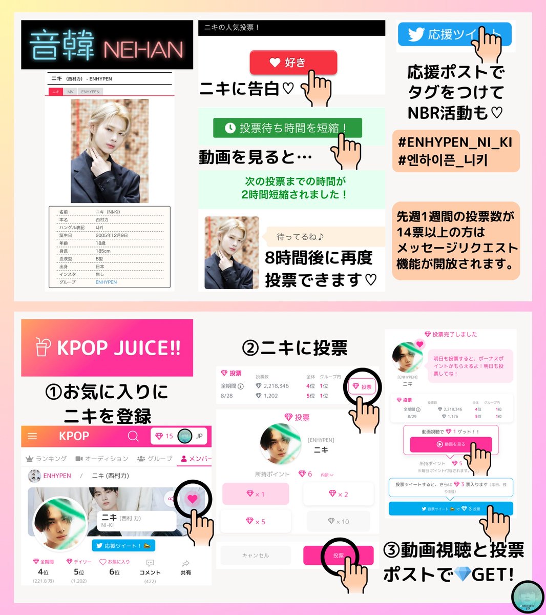 [デイリー投票🐥🗳]

本日もNI-KIくんへの人気投票🫶
#いつも心はニキと一緒
♡とRTもお忘れなく💞

音韓 🔗 nehannn.com/artist-detail/…
- ̗̀ 朝・晩の💜告白お忘れなく💌  ̖́-

K-POP JUICE 🔗 kpopjuice.com/member/ni-ki

#NI_KI #ENHYPEN_NI_KI
#니키 #엔하이픈_니키 <a href="/ENHYPEN_members/">ENHYPEN</a> <a href="/ENHYPEN/">ENHYPEN OFFICIAL</a>