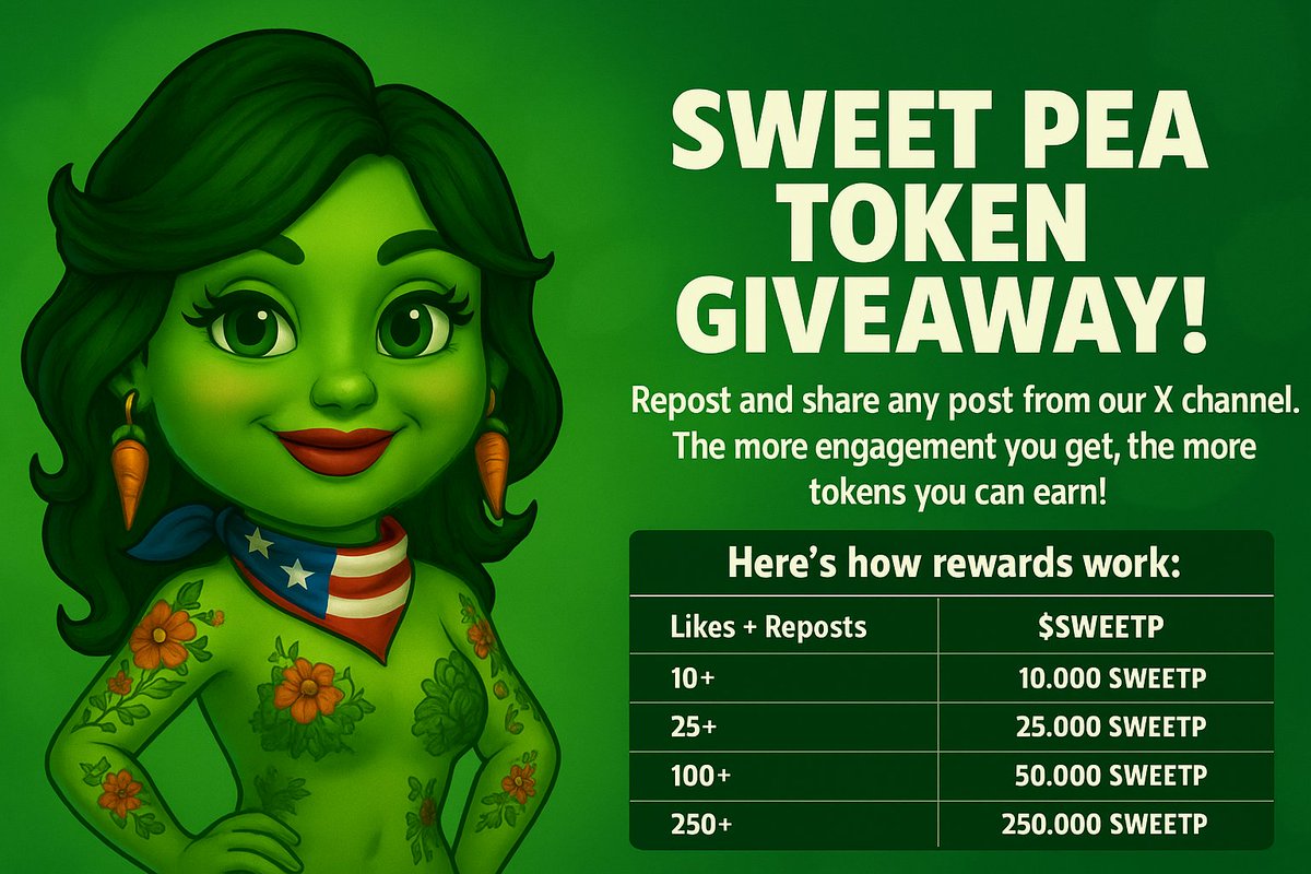 SweetPeaToken's tweet image. 🌱 2M $SWEETP Giveaway! Repost &amp;amp; Earn—let’s grow together! 💚 #SweetPeaToken #Solana #CryptoGiveaway #CryptoCommunity