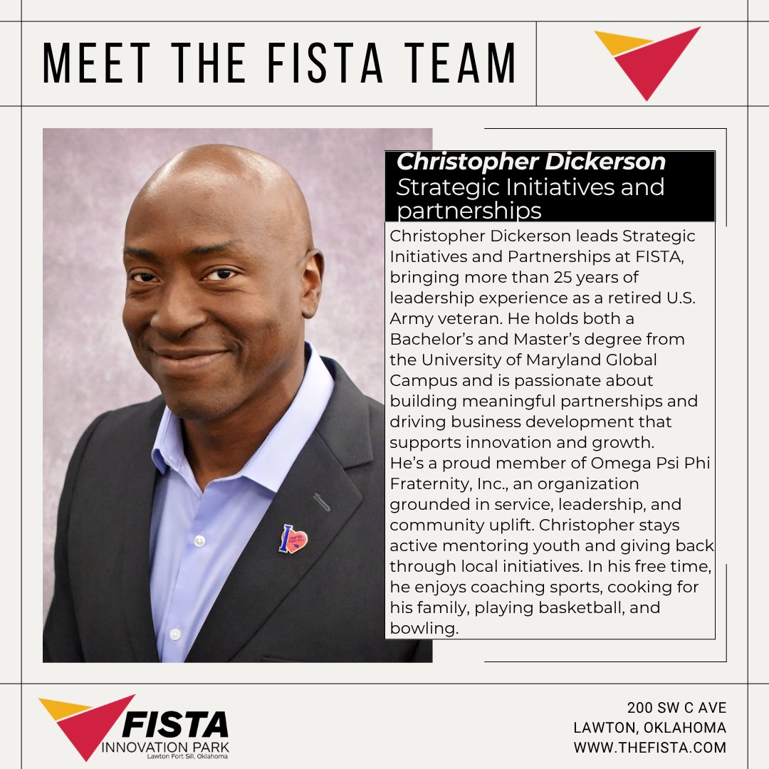 Meet Christopher Dickerson 👋
With over 25 years of leadership experience as a retired U.S. Army veteran, Christopher leads Strategic Initiatives and Partnerships at FISTA. 
#FISTA #MeetTheTeam