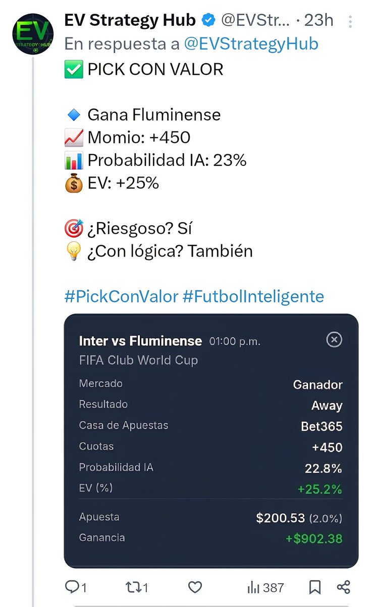 EVStrategyHub's tweet photo. ¡SE GANÓ EL PICK! 🤑🔥

Fluminense respondió como lo predijo la IA y cobramos ese pronóstico con valor 💰

¿Tú también lo jugaste? Cuéntanos 👇
Y si no… ¿qué esperas para registrarte?
➡️ https://t.co/AOMvvdTc5n #Fluminense #EVStrategyHub #ApuestaInteligente https://t.co/jYWlyzoXAH