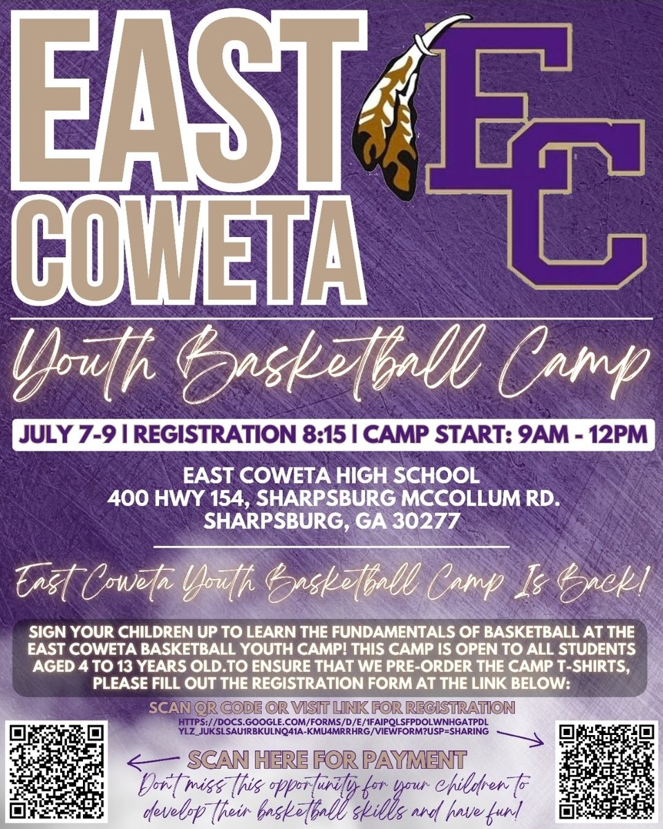 East Coweta Youth Basketball Camp!!!
📍 Location: East Coweta High School
🕘 Times: 9 AM – 1 2 PM Daily
👕 Camp T-shirt included with registration!

Don’t miss out—spots are limited!
Register today and take your game to the next level!