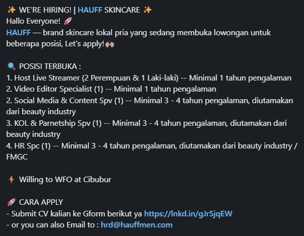 txtanakbola's tweet photo. !! INFO LOKER !!

Hauff Skincare lagi cari host live, editor, sosmed spv, KOL spv, sampe HR buat kerja WFO di Cibubur kalau kamu anaknya beauty dan siap gaskeun langsung apply ya gaes https://t.co/UTQiPK7Fxi