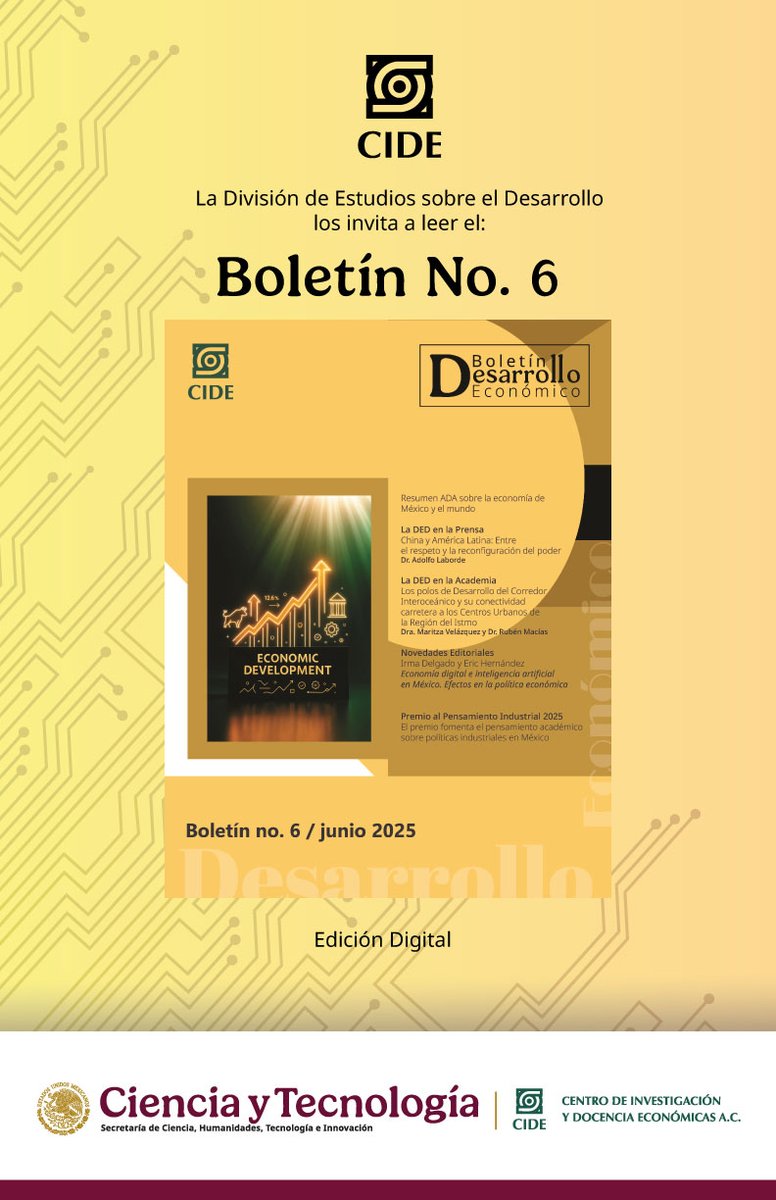 ded_cide's tweet photo. 🟡Ya disponible, el nuevo Boletín No.6
En esta edición:
Proyectos, ideas y colaboraciones editoriales.
El resumen del proyecto ADA sobre la economía de México y el mundo.
La agenda académica y eventos recientes de la DED
#dedcide invita a leerlo:https://t.co/v8fObQss7O https://t.co/HYnDrt4w8b