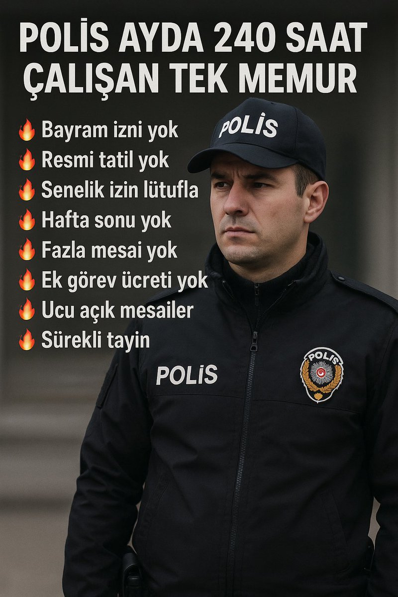 Polise Yetki Yok! 
Polise İstirahat Yok! 
Polise İzin Yok! 
Polise Fazla Mesai Ücreti Yok! 
Polise Bol, Bol Baskı ve Mobbing Var. 
Cenaze Var, Cezaevi Var, Adalet Yok! 
#GörevTavanMaaşTaban