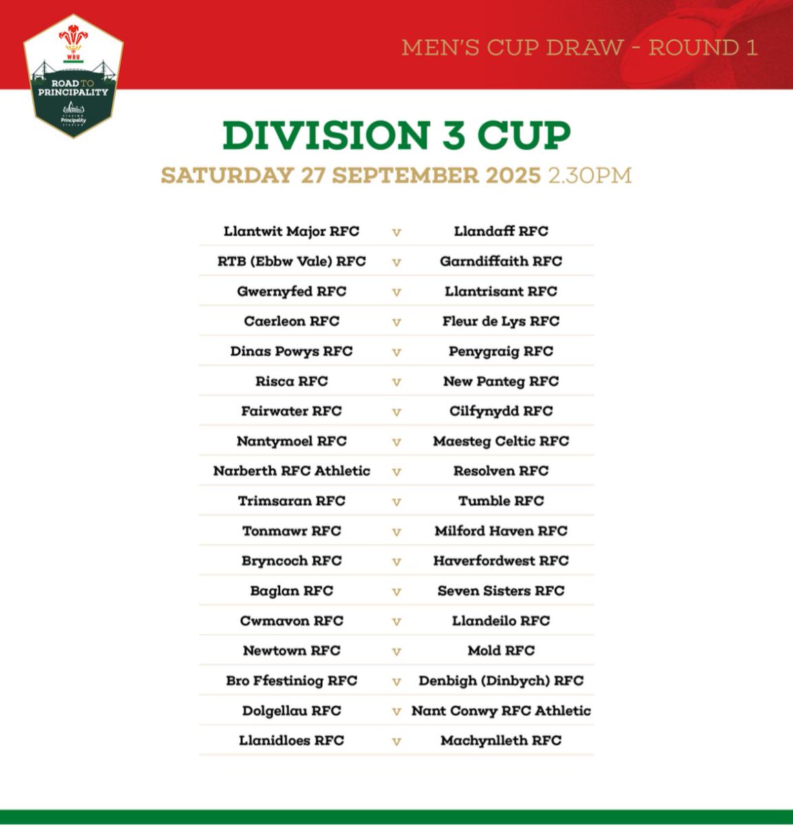 The Magpies make the short trip down Cwm Gwendraeth to face Trimsaran RFC in Round 1 of the WRU Division 3 Cup. Tie to be played, Saturday,  27 September 2025, kick off 2.30pm. 

#YmlaenYPiod #TheRoadToThePrincipality 

⚫️⚪️🏉🏆
