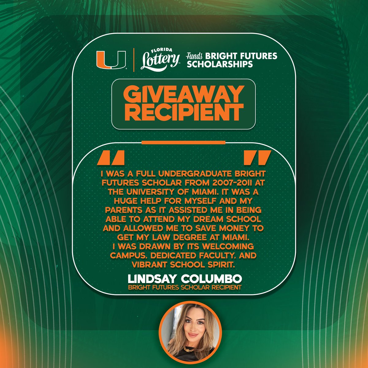 MiamiHurricanes's tweet image. Congratulations to our Bright Futures Giveaway Recipient Lindsay Columbo, who is also a double Cane! 🙌
Thank you to @floridalottery for creating these opportunities for individuals like Lindsay 📚