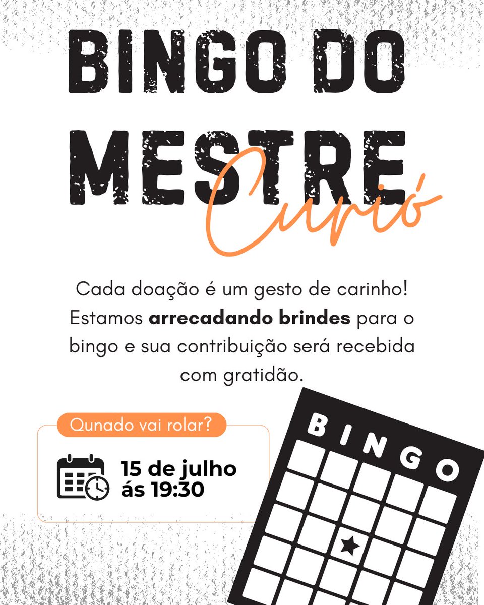 O Bingo do Mestre Curió está chegando! Não perca a chance de se divertir e ainda ajudar em uma boa causa. O evento é organizado pelo TNC em parceria com os Bingueiros Voluntários do Bem. Vamos juntos!