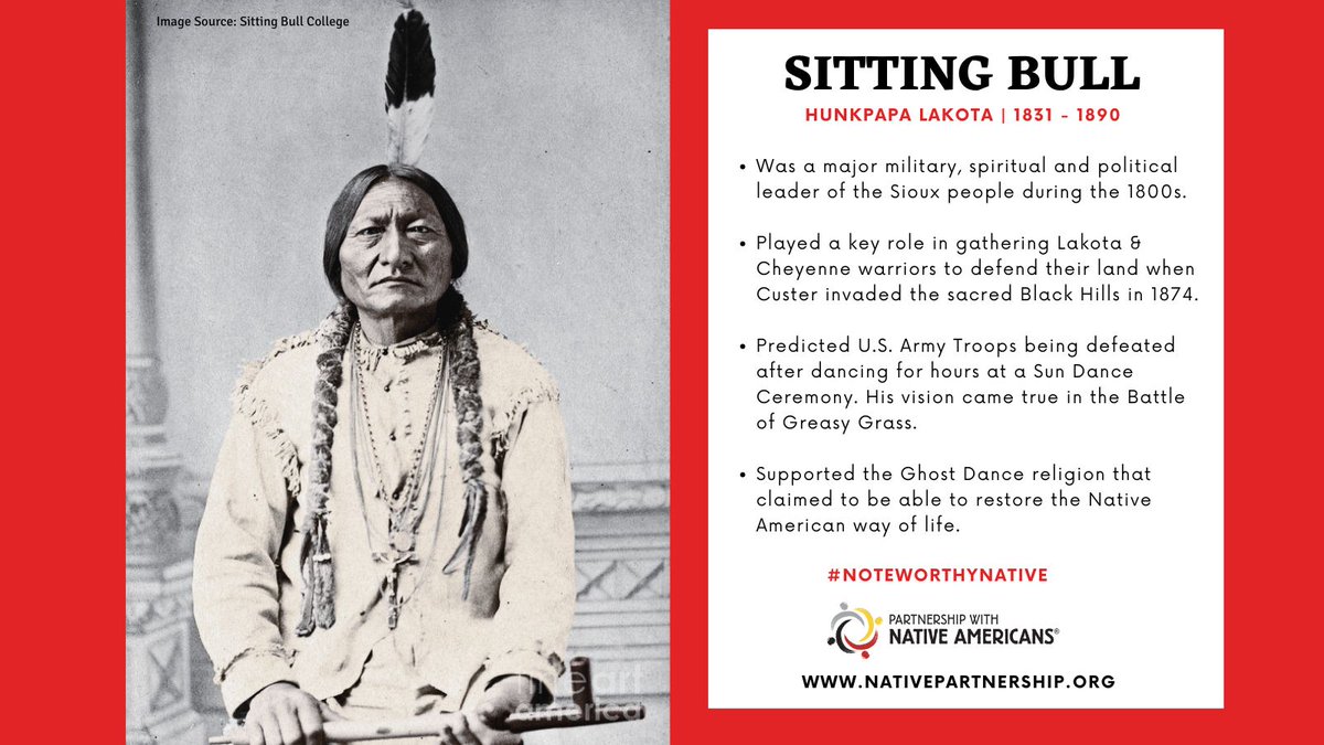 Sitting Bull was a Lakota leader, warrior, and spiritual icon. He united Tribes, defeated Custer at Little Bighorn, and stood strong for Native sovereignty. 🦬✊🏽

Learn more about his story: NativePartnership.org/Noteworthy-Nat…
.
.
#NoteworthyNative #SittingBull