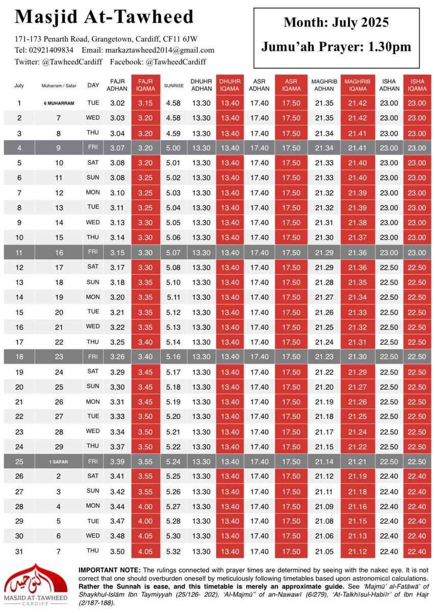 TawheedCardiff's tweet image. 🆕️ Masjid At-Tawheed Prayer Timetable
📆 MUHARRAM / SAFAR 1447H
📆 JULY 2025